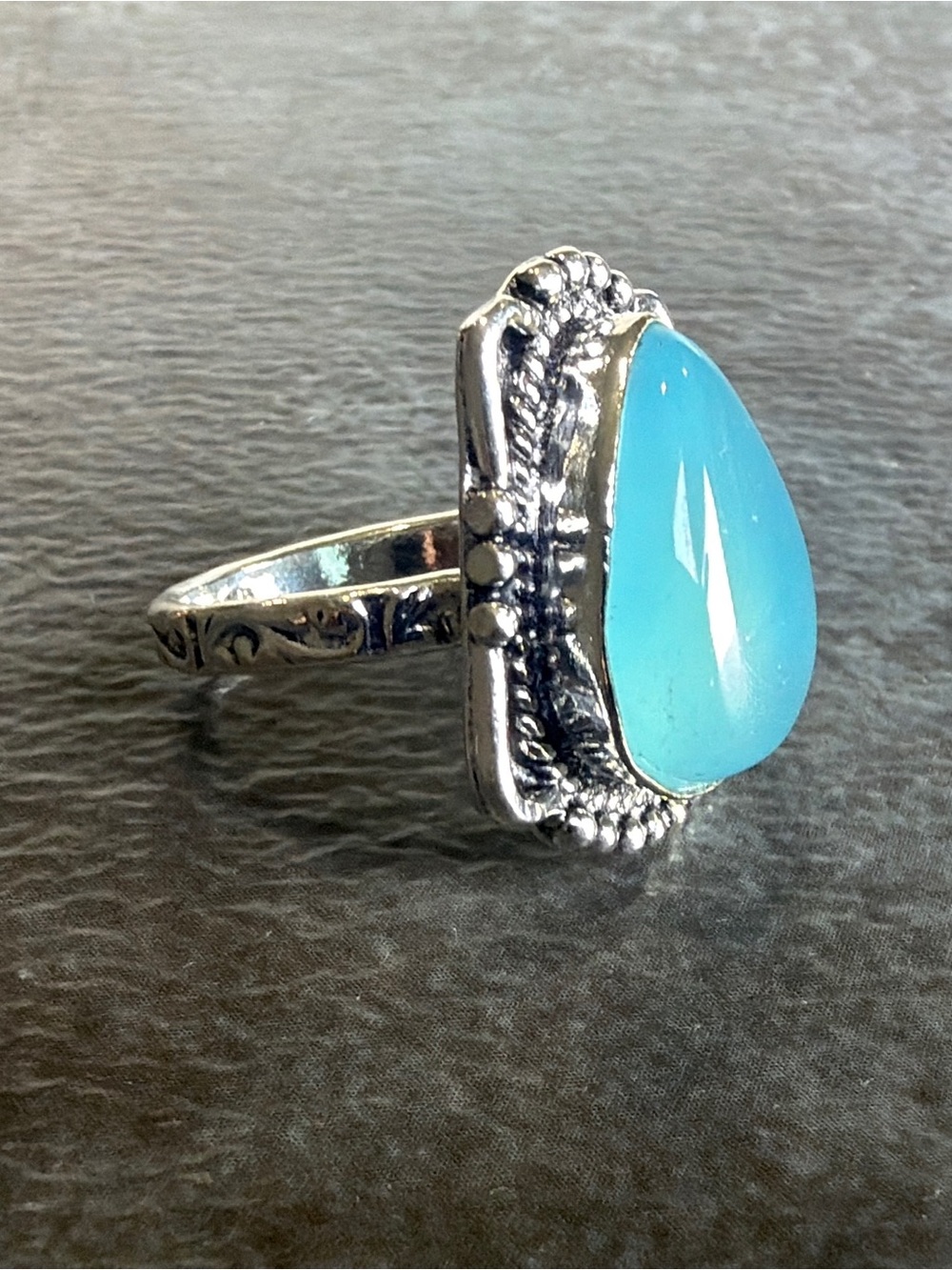 Boho Vintage Silver 925 Ring Size 7.5 Women Jewelry Blue Chalcedony Gemstone - Picture 3 of 4